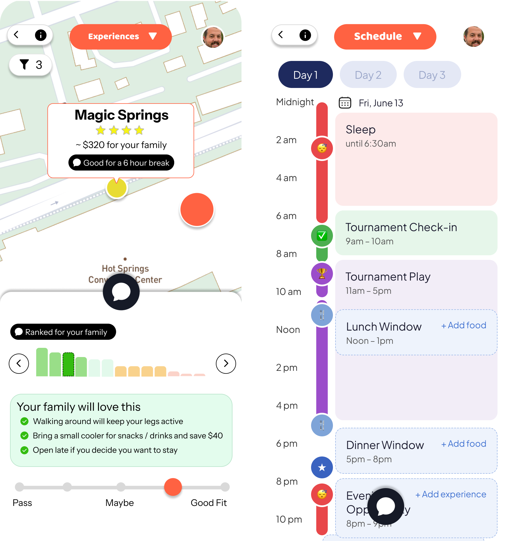 Goodie app screens showing family experience planning and a visual daily schedule
